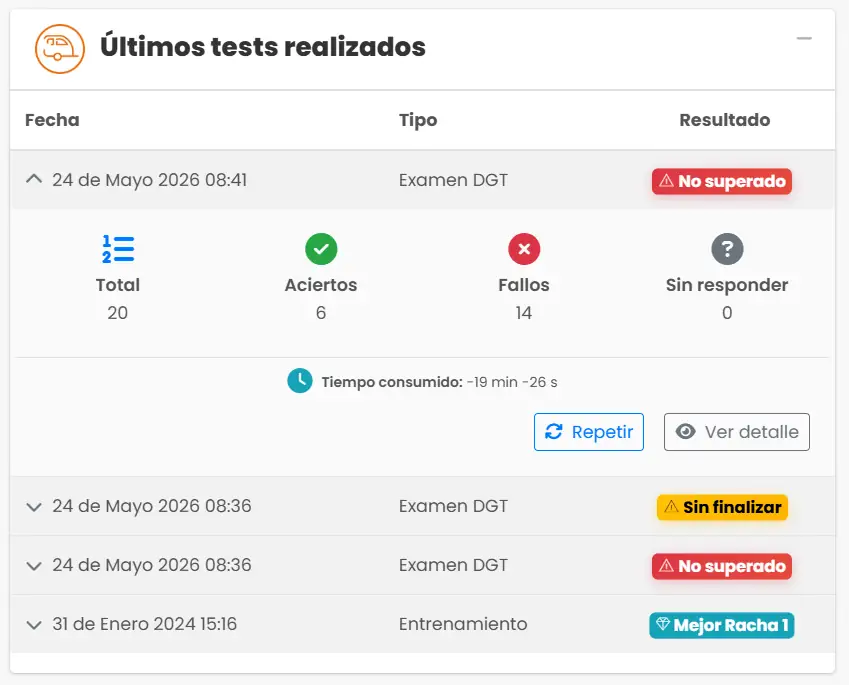 Interfaz del Smart Test de DrivenYou mostrando preguntas personalizadas para el examen de vehículo con remolque B+E