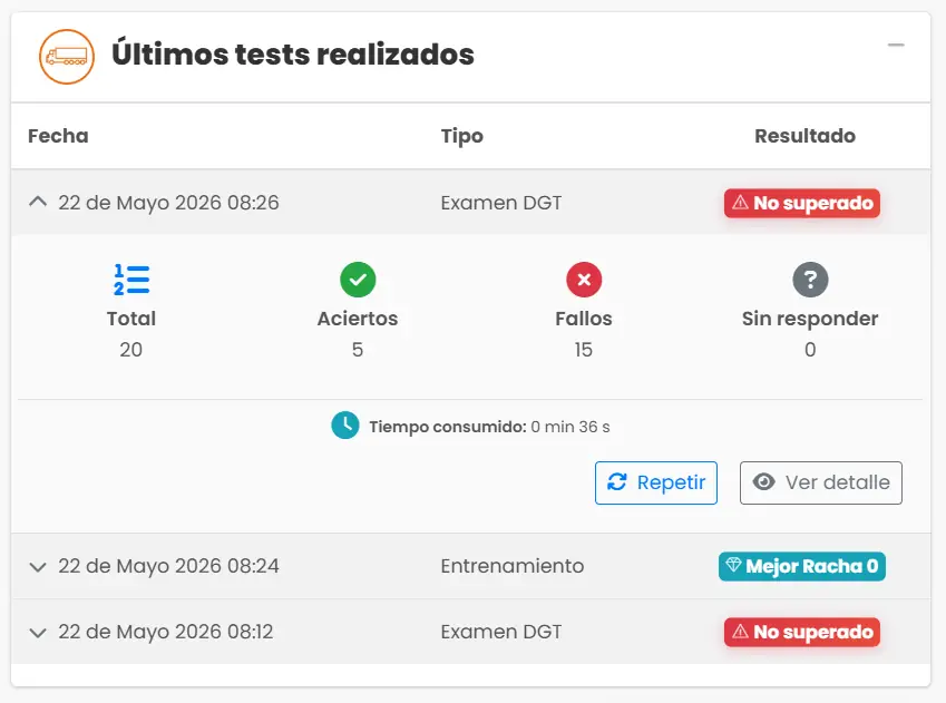 Interfaz del Smart Test de DrivenYou mostrando preguntas personalizadas para el examen de trailer E